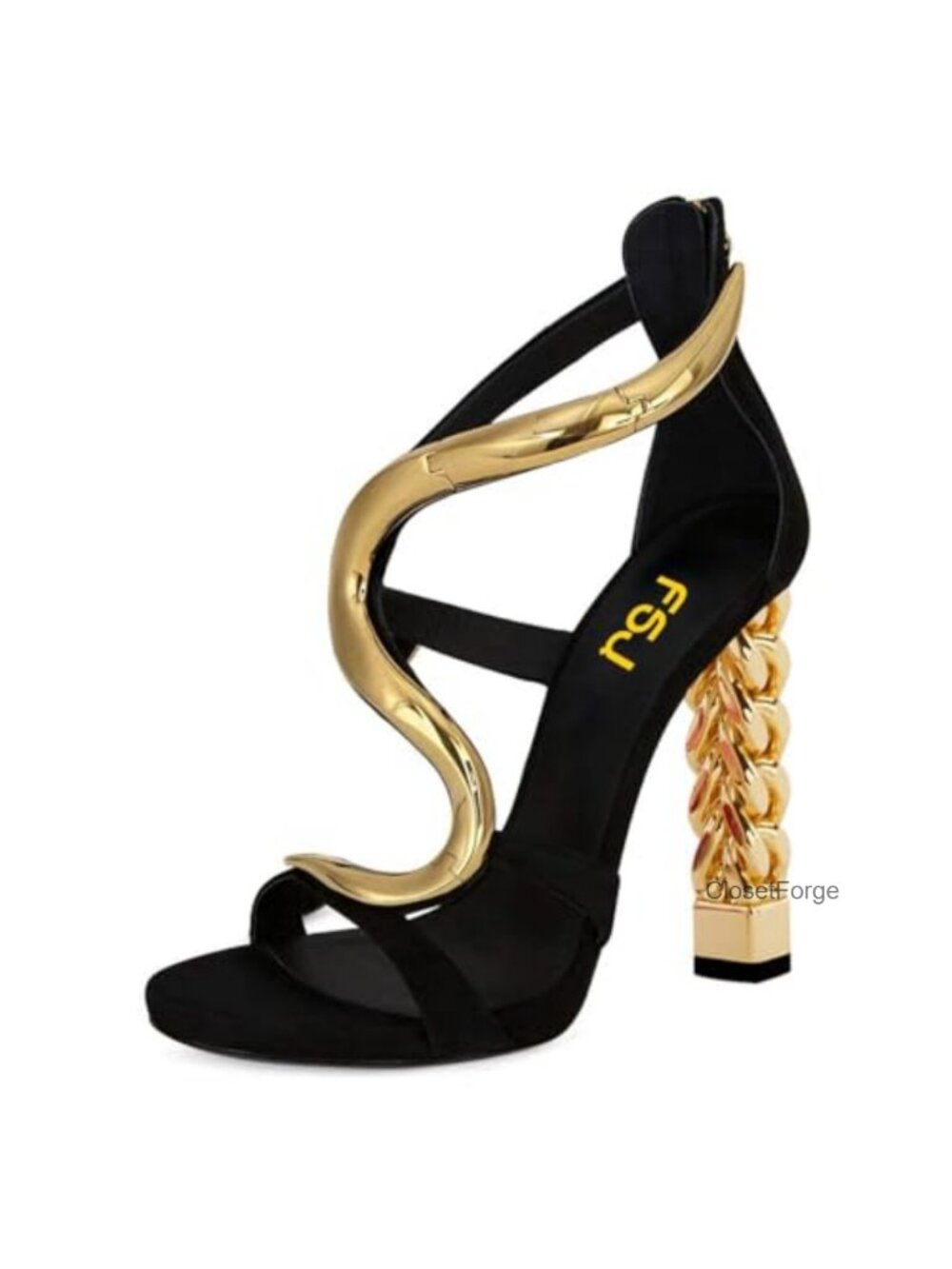 Women's Chunky High Heel Ankle Strap Sandals Faux Leather Gold Chain